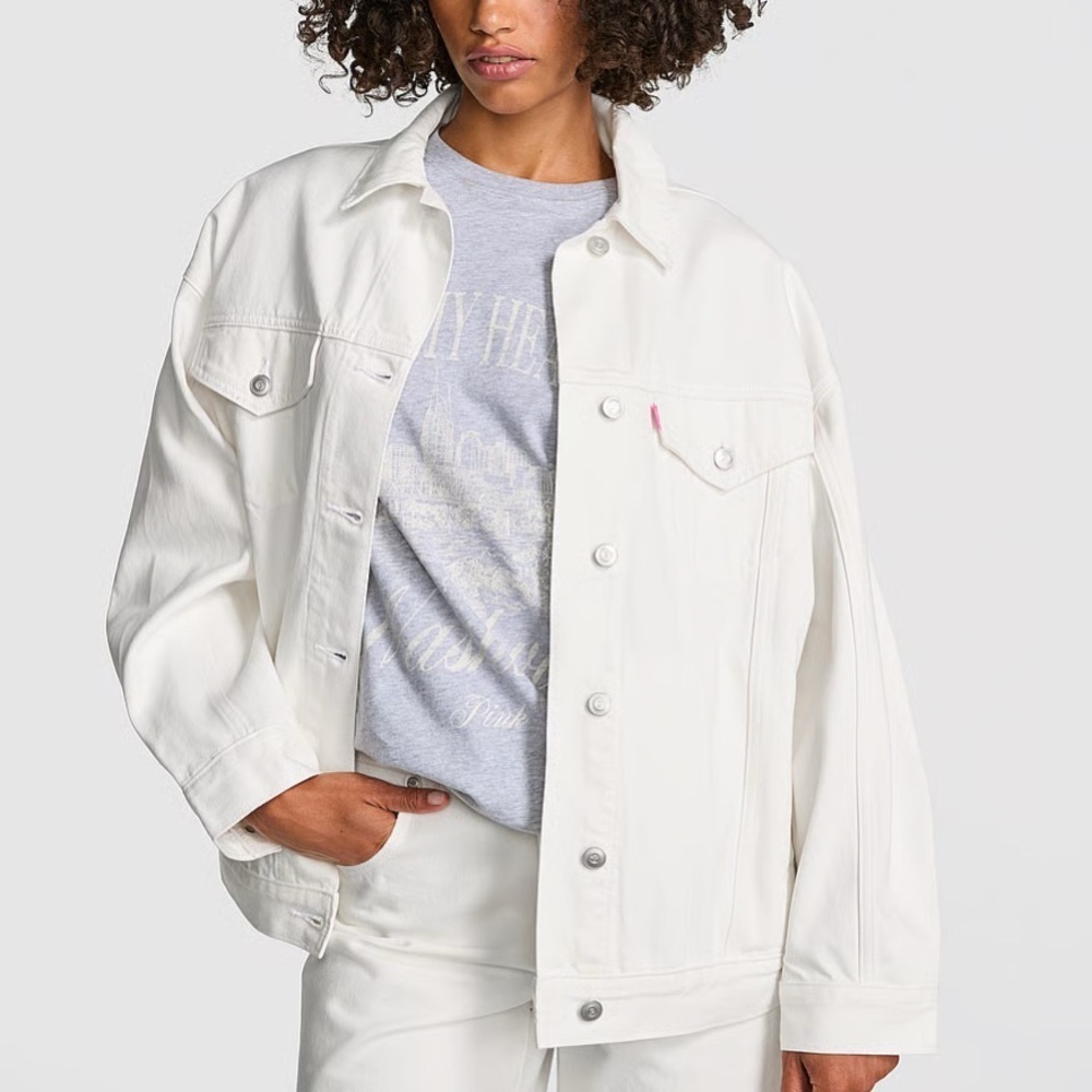 PINK Victoria's Secret White Denim Oversized Trucker Jacket NWT Size Large